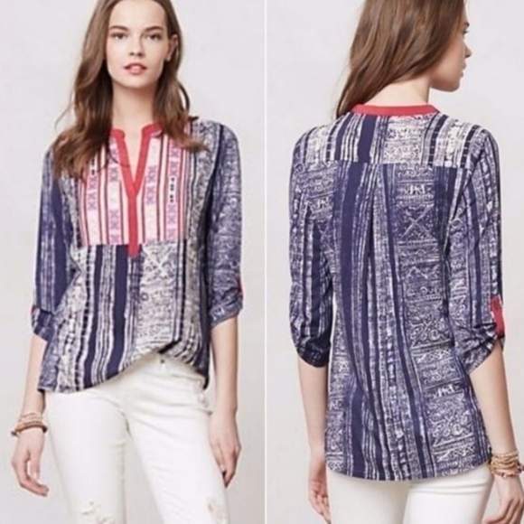 Anthropologie Tops - Anthropologie Tiny Ashbury Embroidered Top Small Navy Pink